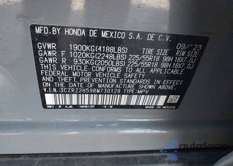 2024 Honda Hr-V Awd Sport/Awd Sport W/O Bsi из США, поврежденный, VIN 3CZRZ2H59RM730129